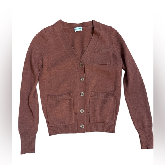 100% Merino Wool Cardigan Sweater Brown Button Front Pocket Classic Sz XS - Picture 3 of 11